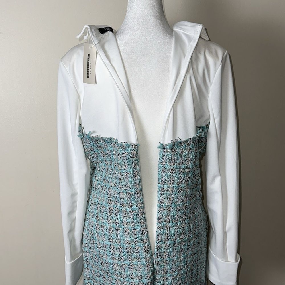 Jenifer Elegant White Tiffany Blue Boucle Tweed Long Sleeve Mini Dress - Picture 12 of 16